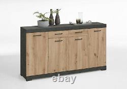 Bristol' Rustic Oak Anthracite Grey Stone Large 4 Door Sideboard with Drawers
