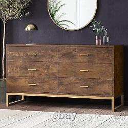 Chest of Drawers Dark Mango Wood 6 Drawers Wide with Gold Legs and Handes