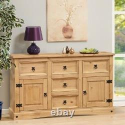 Corona Distressed Waxed Pine Solid Wood 2 Door 5 Drawer Sideboard Mexican Style 