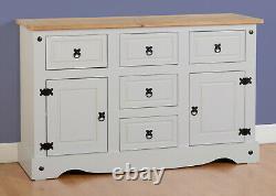 Corona 2 Door 5 Drawer Sideboard in Grey and Distressed Waxed Pine