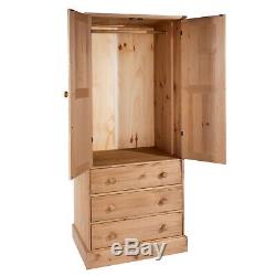 Cotswold Solid Pine Antique Wax Matt Large Bedroom 2 Door 3 Drawer Wardrobe