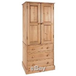 Cotswold Solid Pine Antique Wax Matt Large Bedroom 2 Door 3 Drawer Wardrobe