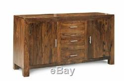 Cube Indian Solid Acacia Wood Large Sideboard With 3 Drawers And 2 Side Doors