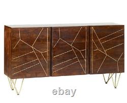 Dark Mango Wood and Gold Metal Legs Large Sideboard with 2 Doors and 3 Drawers