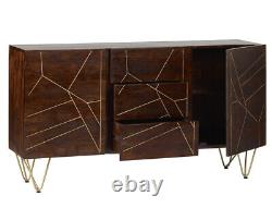 Dark Mango Wood and Gold Metal Legs Large Sideboard with 2 Doors and 3 Drawers