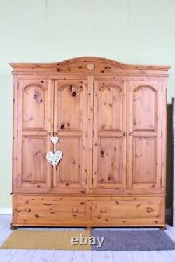 Delivery Options Large Antique Style Pine Wardrobe 4 Doors 2 Drawers Bun Feet