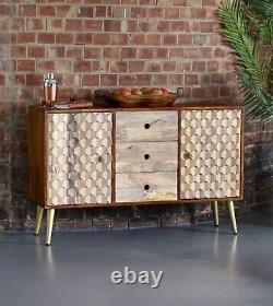 Desk Chest Sideboard Edisa Honeycomb Effect Mango Range with Gold Metal Legs