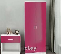 Double Door Wardrobe Storage White & Pink Large Cupboard Bedroom Furniture Set