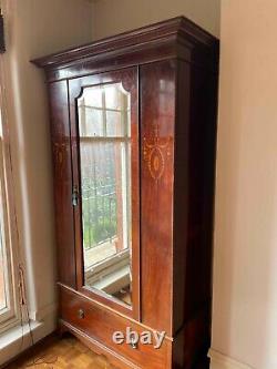 Edwardian Walnut & Mahogony Mirrored Wardrobe With Single Door & Large Drawer