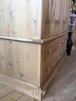 Farmhouse rustic large double door solid pine wooden wardrobe with 4 drawers
