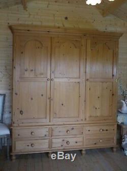 Farmhouse rustic solid wooden pine large triple 3 door wardrobe with drawers