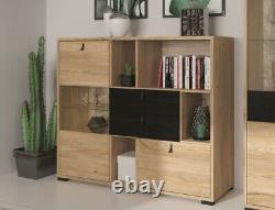 Glass Display Sideboard Large Drawers Shelves LEDs Ash / Black Oak Effect Rodes