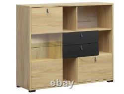 Glass Display Sideboard Large Drawers Shelves LEDs Ash / Black Oak Effect Rodes