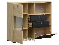 Glass Display Sideboard Large Drawers Shelves LEDs Ash / Black Oak Effect Rodes