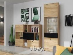 Glass Display Sideboard Large Drawers Shelves LEDs Ash / Black Oak Effect Rodes