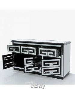 Grecian Black Geo Mirrored Glass Large 3 Door / Drawer Sideboard Dresser Unit