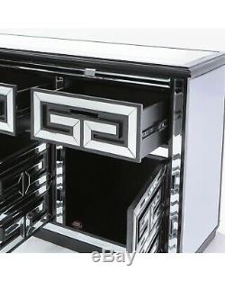 Grecian Black Geo Mirrored Glass Large 3 Door / Drawer Sideboard Dresser Unit