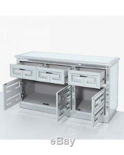Grecian Silver Geo Mirrored Glass Large 3 Door / Drawer Sideboard Dresser Unit