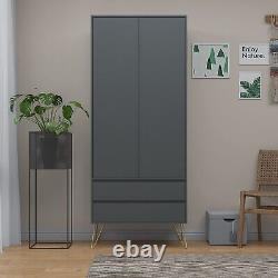 Grey 2 Door Wardrobe With 2 Drawers Hanging Rail Bedroom Furniture Storage