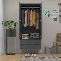 Grey 2 Door Wardrobe With 2 Drawers Hanging Rail Bedroom Furniture Storage