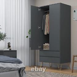 Grey 2 Door Wardrobe With 2 Drawers Hanging Rail Bedroom Furniture Storage