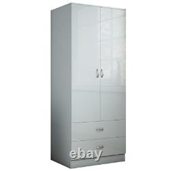 Grey Gloss Wardrobe 2 Door 2 Drawer Combination Bedroom Wardrobe Matt Grey Frame