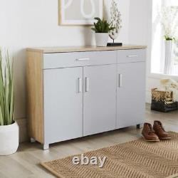 Grey & Oak Large Wide Shoe Cabinet Storage 3 Door 2 Drawer Cupboard Shoe Unit