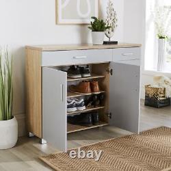 Grey & Oak Large Wide Shoe Cabinet Storage 3 Door 2 Drawer Cupboard Shoe Unit