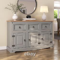 Grey Sideboard 3 Door 3 Drawer Cupboard Large Solid Mexican Pine Wooden Cabinet