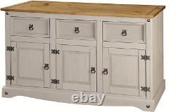 Grey Sideboard 3 Door 3 Drawer Cupboard Large Solid Mexican Pine Wooden Cabinet