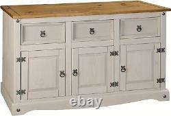 Grey Sideboard 3 Door 3 Drawer Cupboard Large Solid Mexican Pine Wooden Cabinet