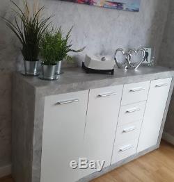 Grey Storage Sideboard Modern White Cabinet Concrete Look Unit Large Door Drawer