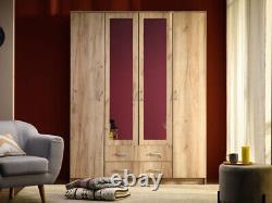 Hana Oak Effect 4 Door 2 Drawer Large Wardrobe with Mirrors Bedroom Furniture