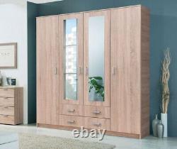 Hana Oak Effect 4 Door 2 Drawer Large Wardrobe with Mirrors Bedroom Furniture