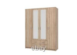 Hana Oak Effect 4 Door 2 Drawer Large Wardrobe with Mirrors Bedroom Furniture