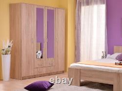 Hana Oak Effect 4 Door 2 Drawer Large Wardrobe with Mirrors Bedroom Furniture