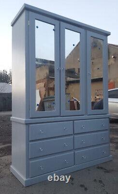 Handmade Devon Grey 3 Door 6 Drawer Mirrored Large Triple Wardrobe Assembled