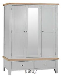 Hartwell Grey Painted Large 3 Door Wardrobe / Triple Mirrored Robe with Drawers
