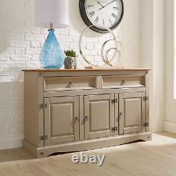 Home Source Large Sideboard Cabinet, 3 Door 2 Drawer Solid Pine Two Tone Storage