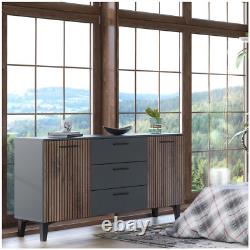 Hugo Dark Grey Slated Rustic Oak Effect Large Wide 2 Door / 3 Drawer Sideboard