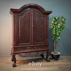 Impressive Large Rustic Oriental Carved Hardwood Two Door Cabinet, Drawer Base