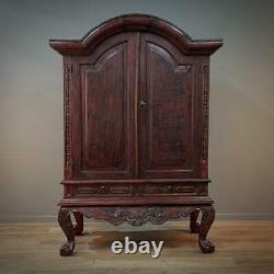 Impressive Large Rustic Oriental Carved Hardwood Two Door Cabinet, Drawer Base