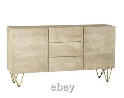 Indian Hub Light Wood & Gold Retro 3 Drawer 2 Door Sideboard