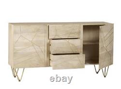 Indian Hub Light Wood & Gold Retro 3 Drawer 2 Door Sideboard