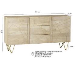 Indian Hub Light Wood & Gold Retro 3 Drawer 2 Door Sideboard