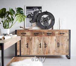 Industrial Solid Wood Large Sideboard 4 Drawer 4 Door Cupboard Metal Handles