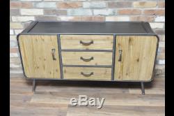 Industrial Style Sideboard Cabinet Metal/Solid Wood Large 3 Drawer 2 Door Grey