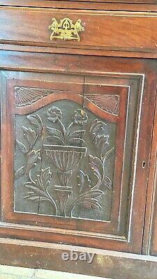 LARGE Carved Mahogany 3 Door Antique Dresser Bureau With Drawers & Cupboards