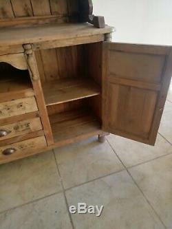 LARGE OLD ANTIQUE PINE DRESSER with three drawers and unusual carving on doors
