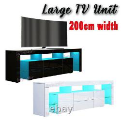 Large 200CM TV Unit Cabinet High Gloss Doors Drawers Matt Body TV Stand FREE LED